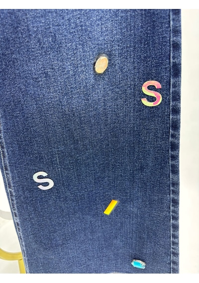 Büyük Beden Taşlı Denim Kadın Pantolon Lacivert