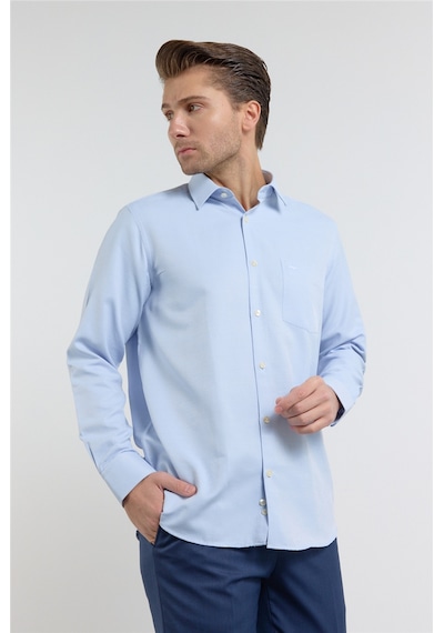 İmza Mavi Kendinden Desenli Sert Yaka Uzun Kol Cepli Comfort Fit Pamuklu Gömlek 1004255223
