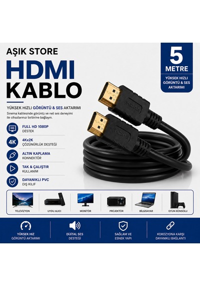 Hdmı Kablo 5 Metre Full Hd 1080p 4kx2k Yüksek Hızlı Görüntü Ve Ses Aktarım Kablosu Altın Kaplama Konnektör Pvc Dış Kılıf