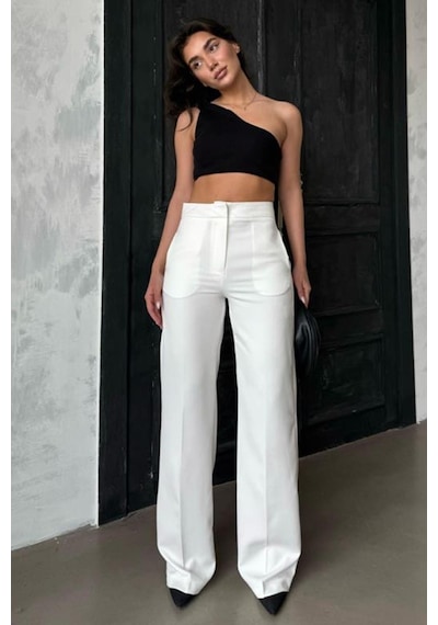 Madmext Ekru Yüksek Bel Kumaş Pantolon Mg2284 Ekru