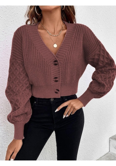 Aqe Fashion V Yaka Örgü Desenli Triko Crop Tarçın Hırka Tarçın