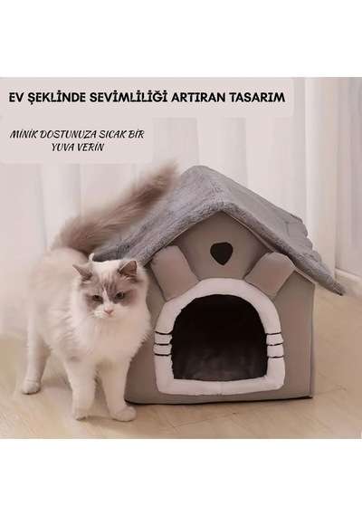 Yumuşak Peluş Kedi&köpek Evi Kapalı Kulübe Tasarım Sıcak,yıkanabilir Minderli Evcil Yatak