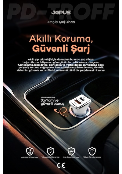 Jopus USB ve Type-C Girişli 38W Hızlı Araç Çakmaklık Şarj Aleti Başlığı Universal JO-A7