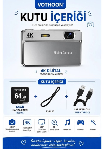 Magicool Dijital Kamera 4k Hd 48mp 8x Zoom Flaşlı Kayar Retro Video Kamera 2.4 Ekran 64gb Sd Kart Pembe