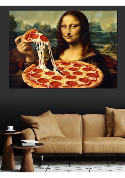 Mona Lisa Pizza Yiyor Komik Dekoratif Kanvas - Mdf Ahşap Tablo