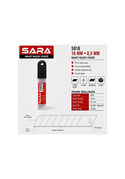 Sara S818 Maket Bıçağı Yedeği 18 Mm X 0,5 Mm, Kırılabilir, 10 Adet