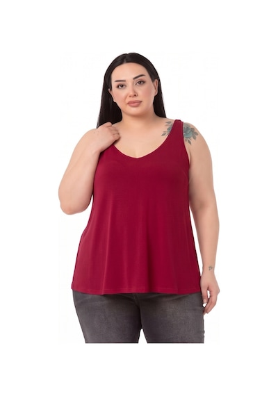 Disentis Modest Büyük Beden V Yaka Kloş Kesim Bordo Bluz