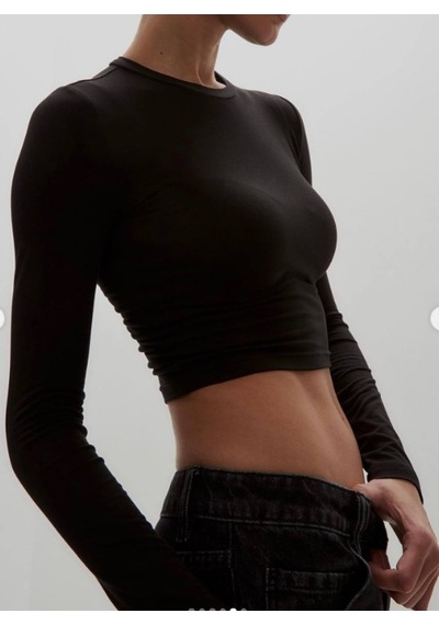 Seeh Siyah Bisiklet Yaka Uzun Kollu Kadın Top Body Sh216