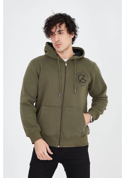 Erkek 3 İplik Pamuklu Fermuarlı Kapüşonlu Kanguru Cepli Baskılı Hoodie Hırka Sweatshirt - Yeşil