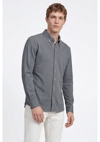 AC&Co / Altınyıldız Classics Erkek Indıgo Pamuklu Tailored Slim Fit Dar Kesim Düğmeli Yaka Örme Gömlek Indigo