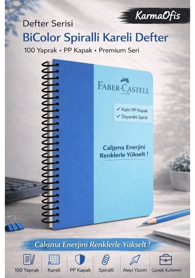 Mavi 100 Yaprak Spiralli Bicolor Kareli Defter Pp Kapak Dayanıklı, Premium Defter