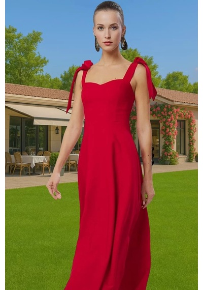 Ersefa Feminen A Kesim Midi Abiye Elbise Polyester Elastan Dokuma Kumaşt Kırmızı