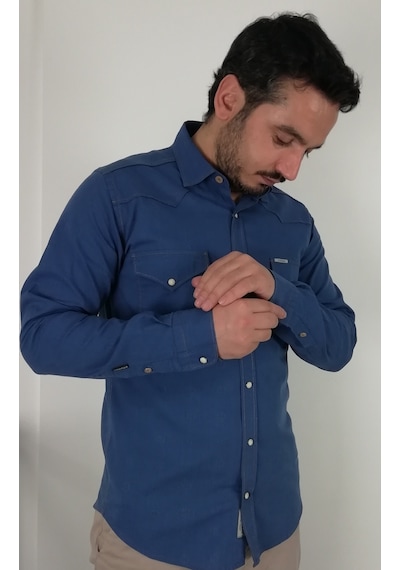 Tousus Slim Fit Western Armürlü İndigo Erkek Gömlek Slm-2029-tss