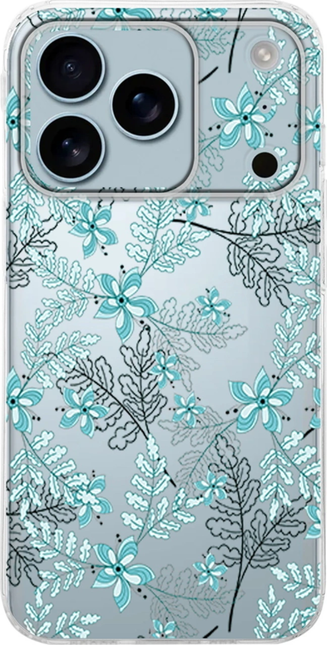 Apple Uyumlu iPhone17 Pro Max İle Kamera Çevresi Açık Floral Su Yeşili Baskılı Şeffaf Kılıf