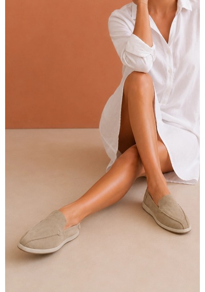 Sovenso Aria Hakiki Deri Bej Süet Loafer