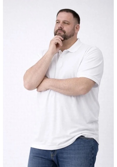 Zenna Tarz Erkek Pike Kumaş Düğmeli Yaka Battal Büyük Beden Günlük Kısa Kol Tişört T-shirt - Beyaz