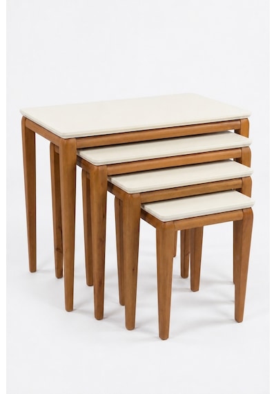 Ant Home Milas 4'lü Zigon Sehpa, Yan Sehpa, Bohem Sehpa, %100 Doğal Ahşap, Salon Sehpa Ekru