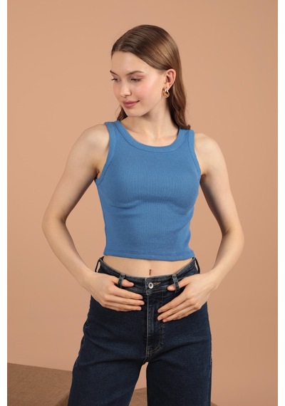 Chıcnhappy Kaşkorse Kumaş Halter Yaka Kadın Bluz İndigo - Kadın İndigo