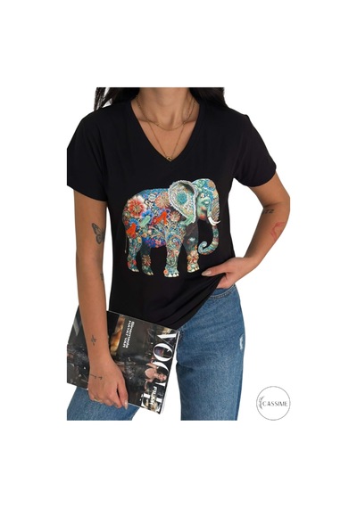 Cassime Kadın Fil Kuş Çiçek Pul Payet İşlemeli %100 Pamuk V Yaka Siyah T-shirt