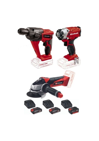 Einhell TE-HD 18 Li Vidalama + TE-CI 18/1 Vidalama + TE-AG 18/115 Avuç Taşlama + 2 x 2.5 Ah + 4 Ah Akülü Set