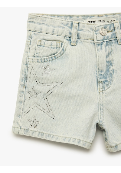 Koton Pamuklu Yıldız Desenli Denim Şort Lıght Indıgo 6skg40112ad Açık Mavi