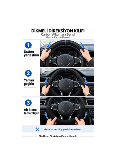 Trobus Hyundai İ20 2015-2020 Uyumlu Dikmeli Direksiyon Kılıfı Carbon Alkantara Karbon Desenli Mavi
