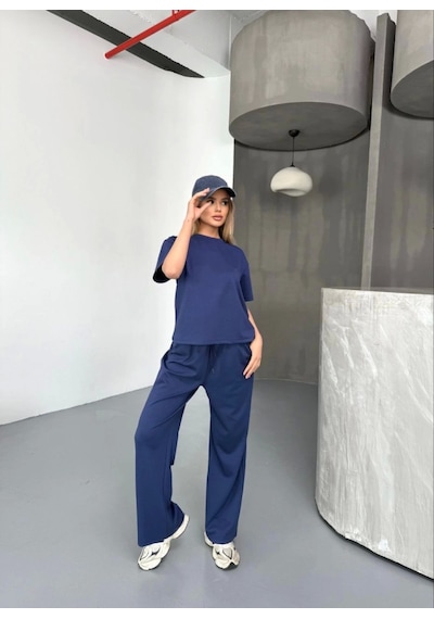 Buğrahayalin Osy Modal Yumuşak Dokulu Kumaş Kısa Kollu Bluz Rahat Pantalon Ikili Takım- Lacivert