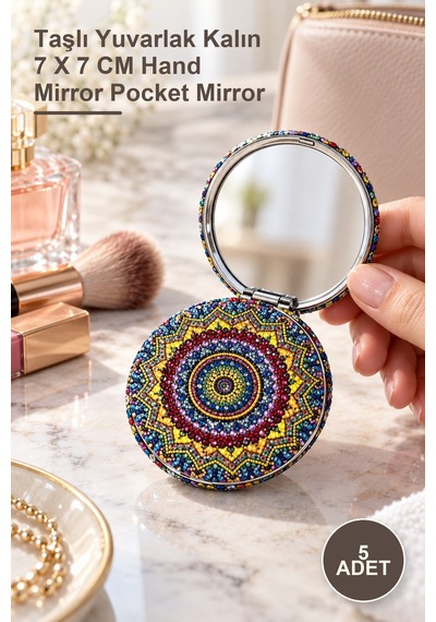 5 Adet El Aynası Taşlı Yuvarlak Kalın 7 X 7 Cm Hand Mirror Pocket Mirror Diğer