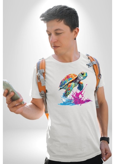 Renkli Kaplumbağa Karetta Kareta Unisex Unisex Beyaz Organik Baskılı T-shirt Penye Yüksek Kalite Beyaz