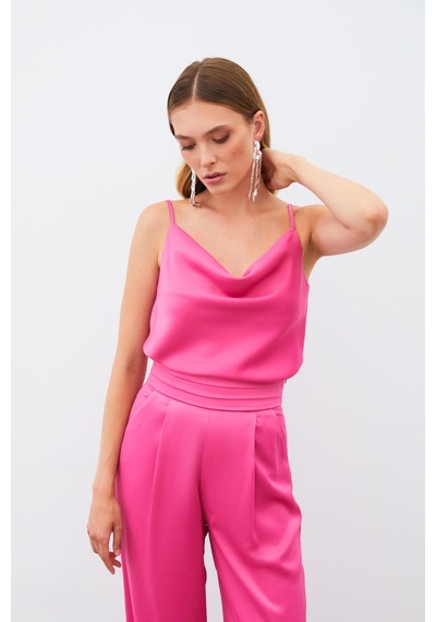Sateen Degaje Yaka Saten Bluz - Fuşya-131921 Fuşya