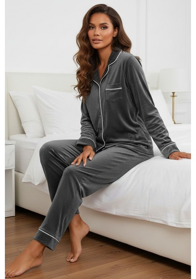 Kadın Kadife Boydan Düğmeli Şerit Detaylı 2'li Pijama Takım Gri
