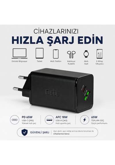 Sbs 65w Gan Hızlı Şarj Adaptörü Usb-c Pd 65w + Usb-a Afc 18w Laptop, Tablet Ve Telefon Uyumlu Avrupa Tipi Fiş