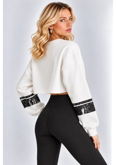 Mevese Malibu Baskılı Rahat Kesim Bisiklet Yaka Crop Sweatshirt - Beyaz
