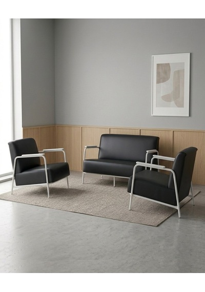 Atlas 2+1+1 Deri Ofis Büro Modern Bekleme Koltuk Takımı Beyaz Metal İskelet - Siyah