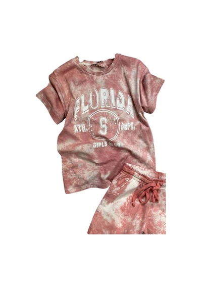 Riccotarz Kız Çocuk Florida Yazı Baskılı Penye T-shirt Pudra Şortlu Takım Pudra