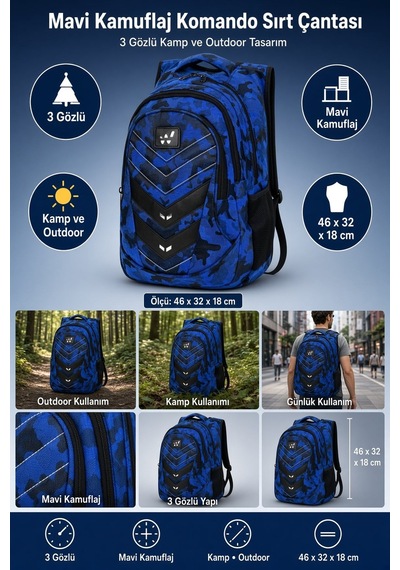 Komando Sırt Çantası Mavi Kamuflaj 3 Gözlü Kamp Ve Outdoor 46x32x18 Cm Çok Renkli