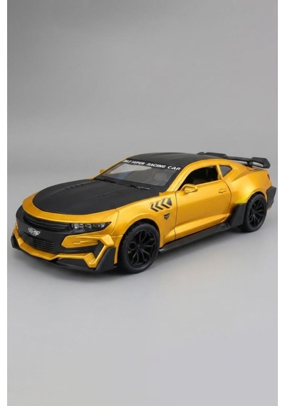 Işıklı Sesli Pilli 1:24 Ölçekli Metal Chevrolet Camaro Kapısı Kaputu Ve Bagajı Açılan Model Araba Sarı