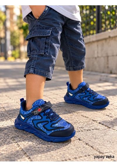 Mini Bonito Erkek Çocuk Işıklı Spor Ayakkabı Cırt Cırtlı, Desenli, Günlük Sneaker Mavi