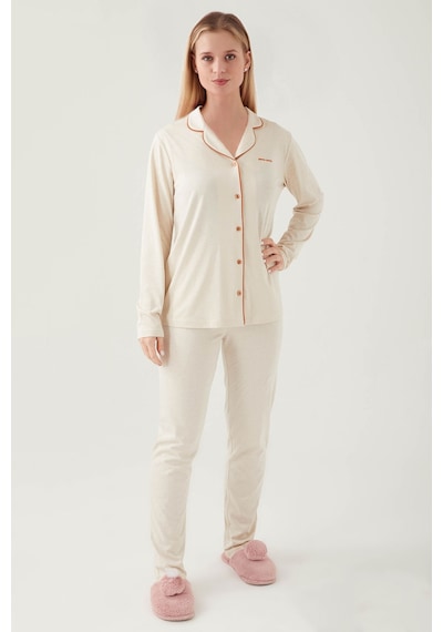 Pierre Cardin 7717 Gömlek Model Kadın Pijama Takım Bej