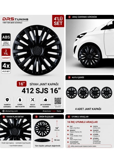 Volkswagen Uyumlu 16 Inç Kırılmaz Parlak Siyah Jant Kapağı 1 Takım 4 Adet No:412