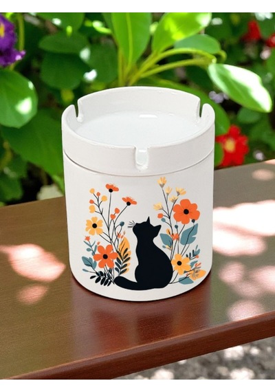 Kedi Ve Çiçek Baskılı 3'lü Seramik Küllük Kül Tablası - Küllük Modelleri, Küllükler, Kokusuz Küllük
