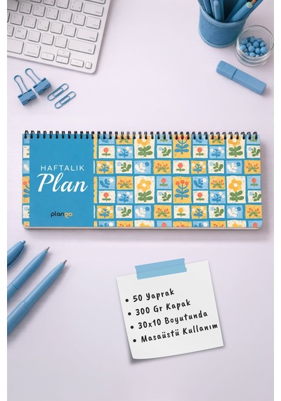 Tarihsiz Spiralli Haftalık Masaüstü Planlayıcı - Kutu Çiçekler - 10x30 Cm Plango Turkuaz