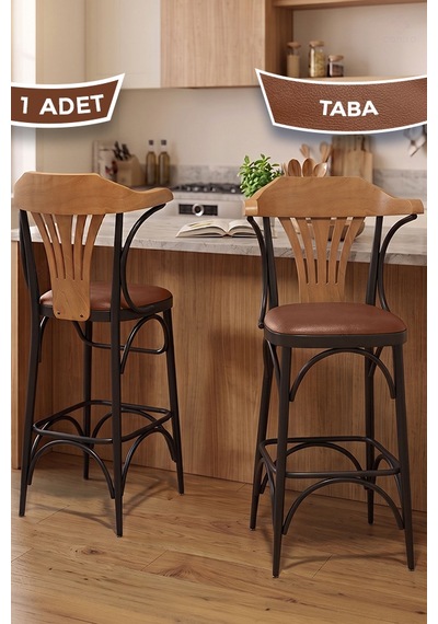Wabex Serisi 1 Adet 66 Cm Suni Deri Kumaş Siyah Metal İskeletli Mutfak Bar Sandalyesi Taba Sandalye Siyah Ayak