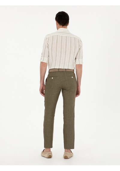 Cacharel Haki Slim Fit %100 Keten Pantolon Yesıl