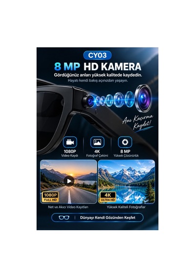 Cy03 Akıllı Kameralı Gözlük 8 Mp 1080p Video Kayıt Bluetooth Wifi Aı Çeviri Destekli
