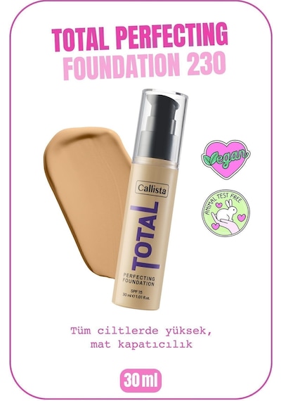Callista Total Perfecting Spf 15 Yoğun Kapatıcı Mat Bitişli Fondöten - 230 Medium Beige - Bej