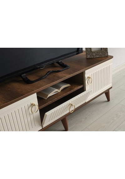 110 CM MDF MEBRAN KAPAK TV SEHPASI BAROK CEVİZ - KREM
