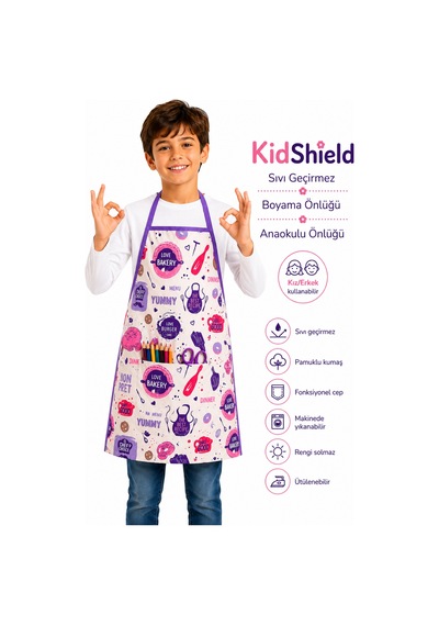 Kidshield Sıvı Geçirmez Boyama Önlüğü Anaokulu Önlüğü Sıvı Geçirmez Resim Önlüğü Lila