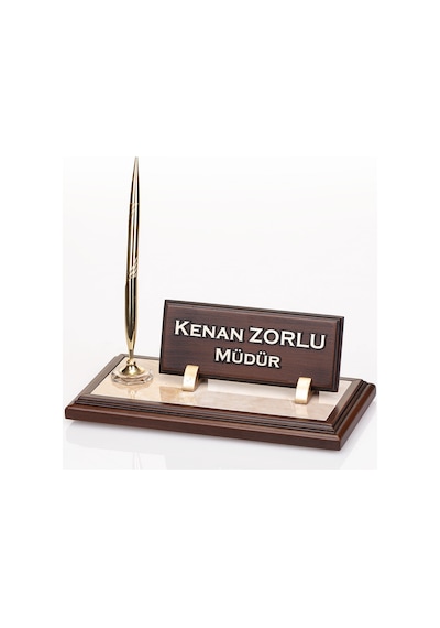 Mermer Zeminli Ahşap Masa İsimliği Ofis Masaüstü İsimlik