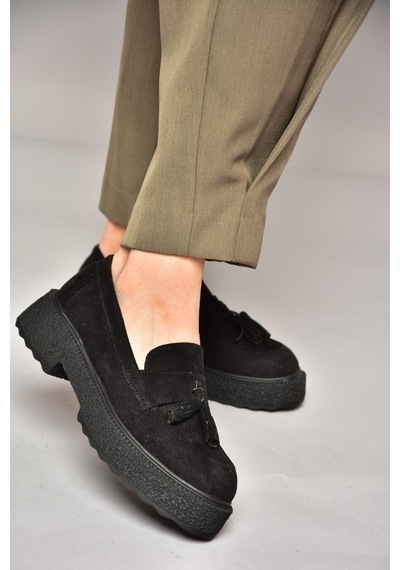 Fox Shoes T996193002 Siyah Süet Kalın Tabanlı Makosen Ayakkabı Siyah